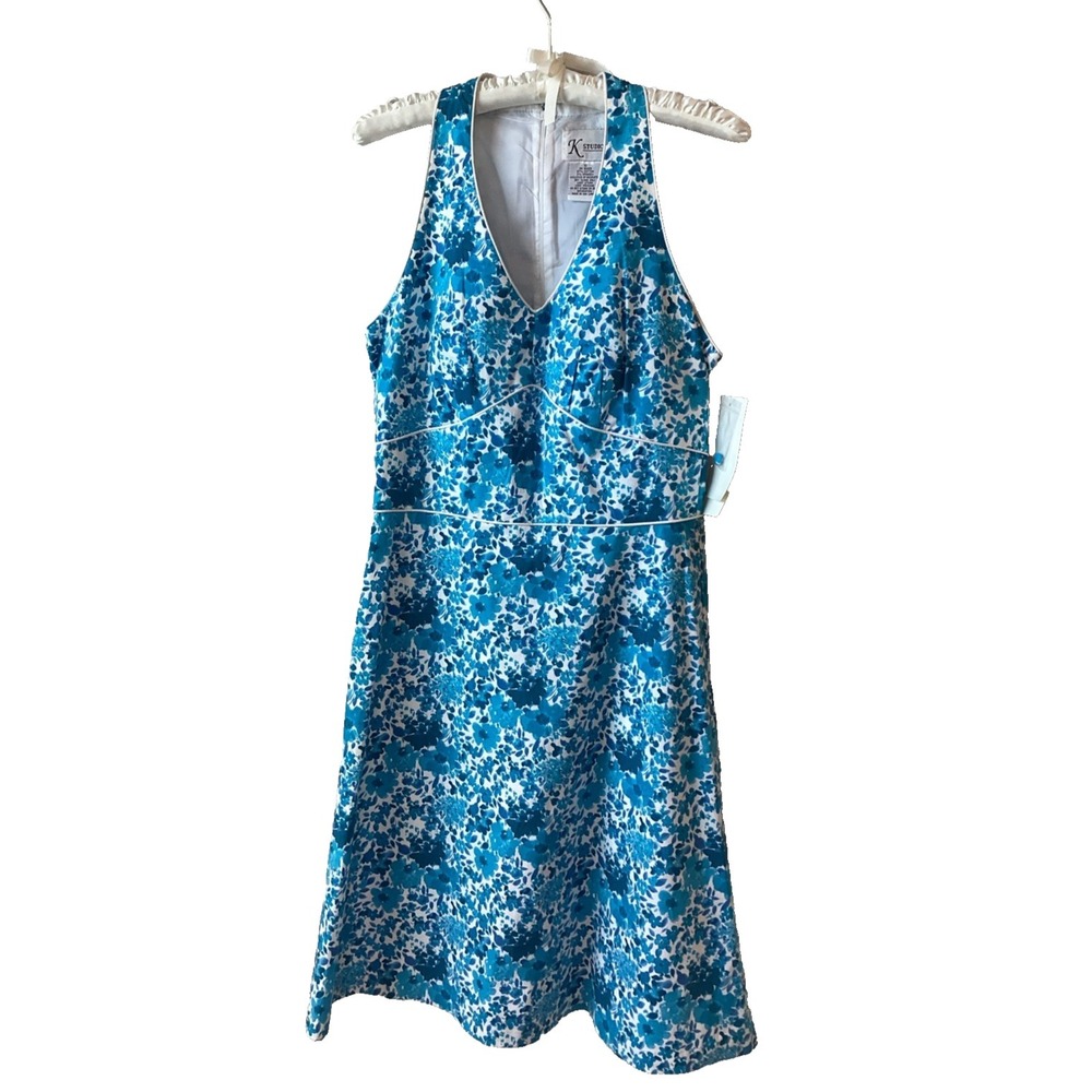 NWT K Studio Dress Women's 10 Blue White Floral Halter Lined‎ Cocktail Y2K Artsy